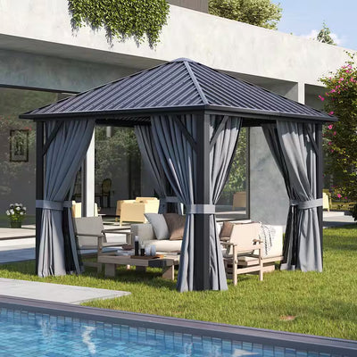 10 Ft. X 10 Ft. Outdoor Galvanized Steel Roof Gazebo, Aluminum Frame Pergolas with Ceiling Hook, Curtains and Netting