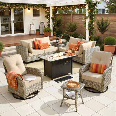 9 Pieces Patio Furniture Set All Weather Wicker Outdoor Conversation Set with 42" Fire Pit outside Furniture Patio Sofa with Swivel Chairs & Solar Table, Beige