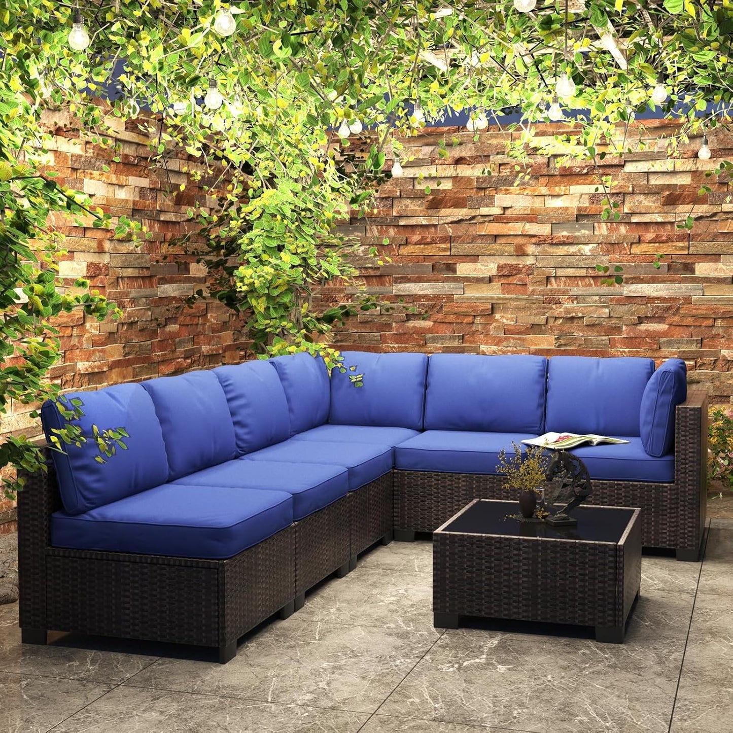 7 Pieces Outdoor Patio Furniture Sets, Rattan Conversation Set with Sectional Sofa, Chairs and Coffee Table, Waterproof Patio Conversation Sets (Brown & Navy Blue)