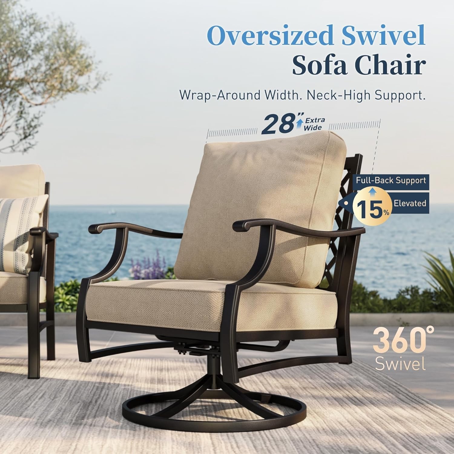 Patio Furniture Set, Modern Metal Outdoor Patio Furniture, 3 Seater Sofa, 2 Swivel Chairs, 2 Ottomans and 5.75" Extra Thick Cushion, Patio Conversation Set for Garden Backyard Deck