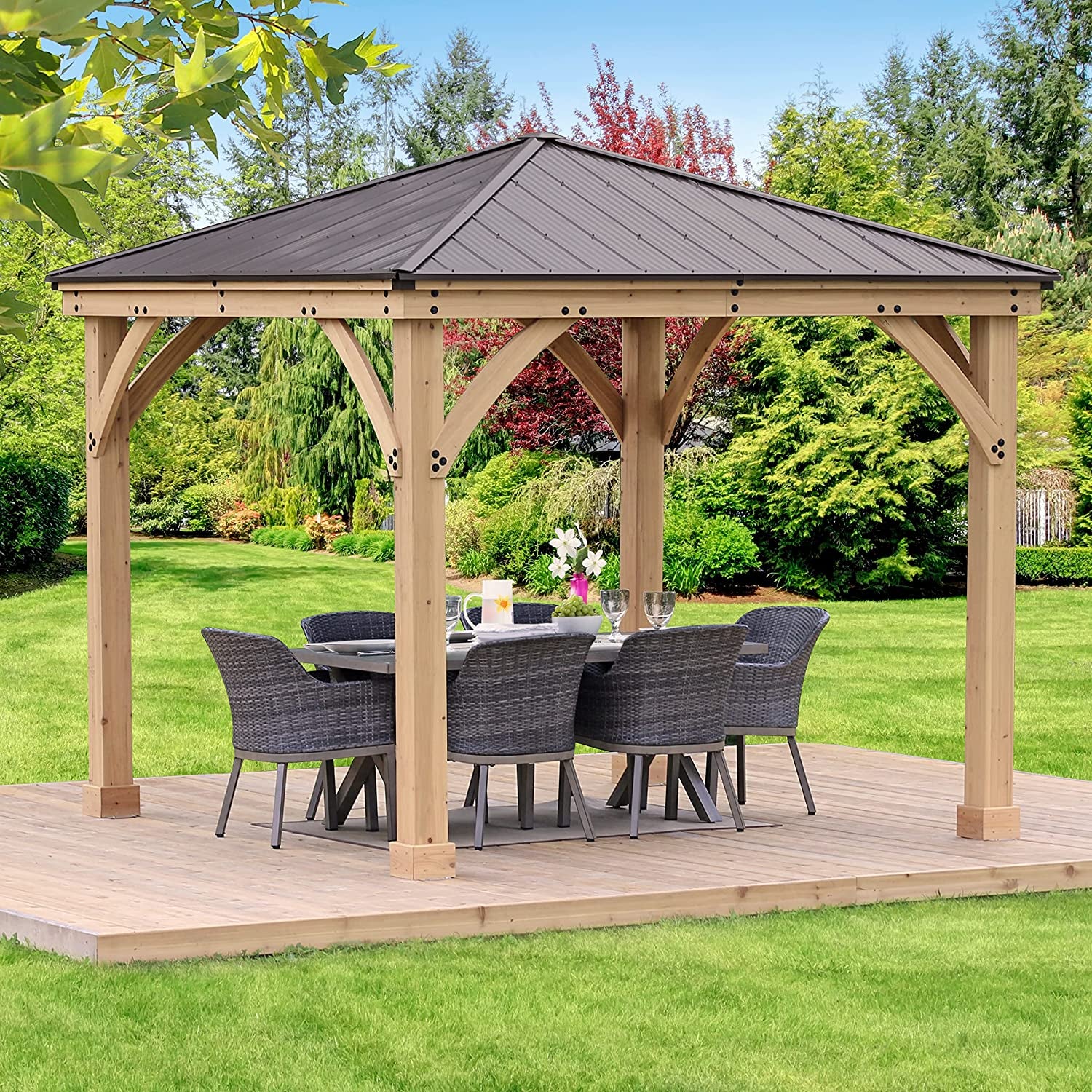 Yardistry 10 X 12 Meridian Cedar Wood Gazebo Pavilion for Patios, Decks, Garden, Backyard, Durable, Aluminum Roof