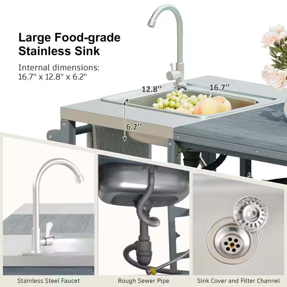 75.4" Outdoor Wood Grey Blue Kitchen Island Rolling Outdoor Bar Cart with Sink
