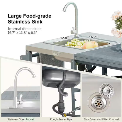 75.4" Outdoor Wood Grey Blue Kitchen Island Rolling Outdoor Bar Cart with Sink