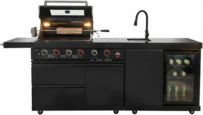 Outdoor BBQ Island, BBQ Island Outdoor Kitchen, 46" 4-Burner 72,000 BTU Outdoor Kitchen Island with Grill, Grill Tools, Grill Cover, Sink, Fridge, Rotisserie, Locking Casters, Propane/Ng (Black)