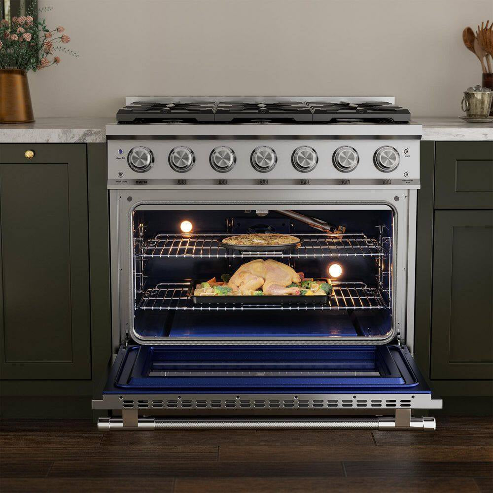 36 In. Slide-In Gas Range, 5.2 Cu. Ft. Convection Oven, 6 Sealed Burners, Convertible to Propane in Stainless Steel