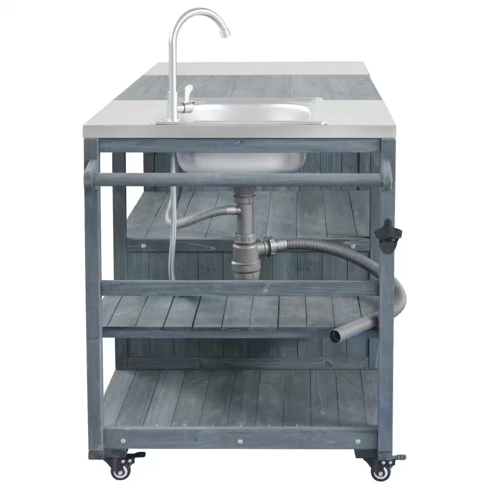 75.4" Outdoor Wood Grey Blue Kitchen Island Rolling Outdoor Bar Cart with Sink
