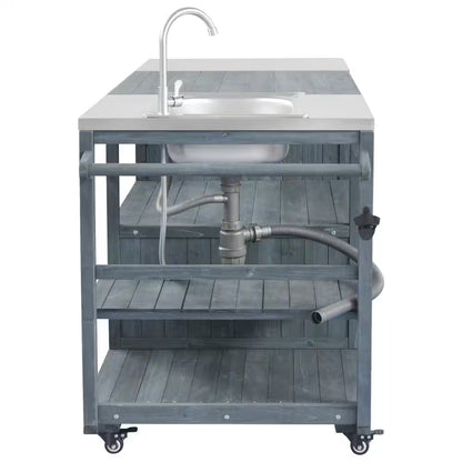 75.4" Outdoor Wood Grey Blue Kitchen Island Rolling Outdoor Bar Cart with Sink