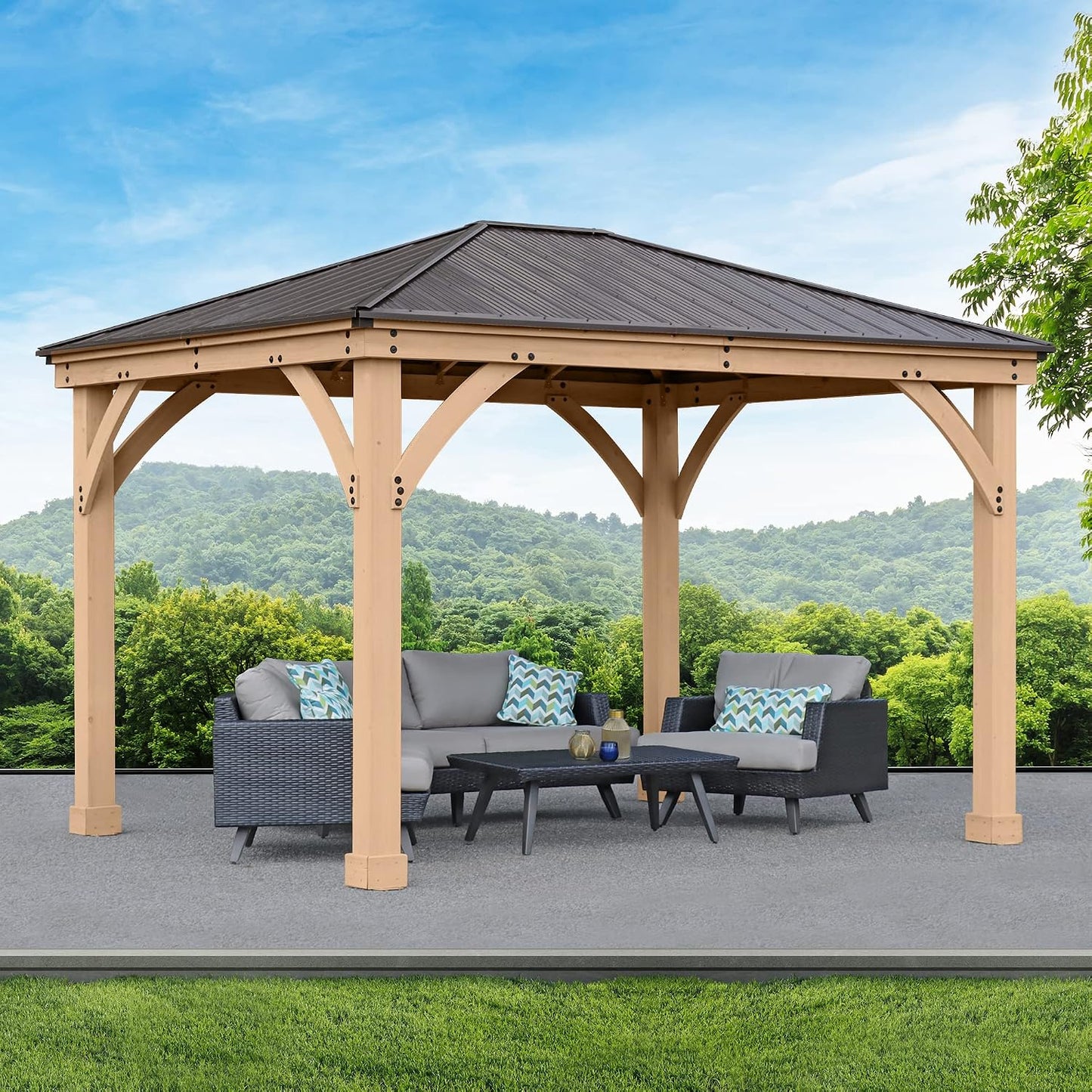 Yardistry 10 X 12 Meridian Cedar Wood Gazebo Pavilion for Patios, Decks, Garden, Backyard, Durable, Aluminum Roof