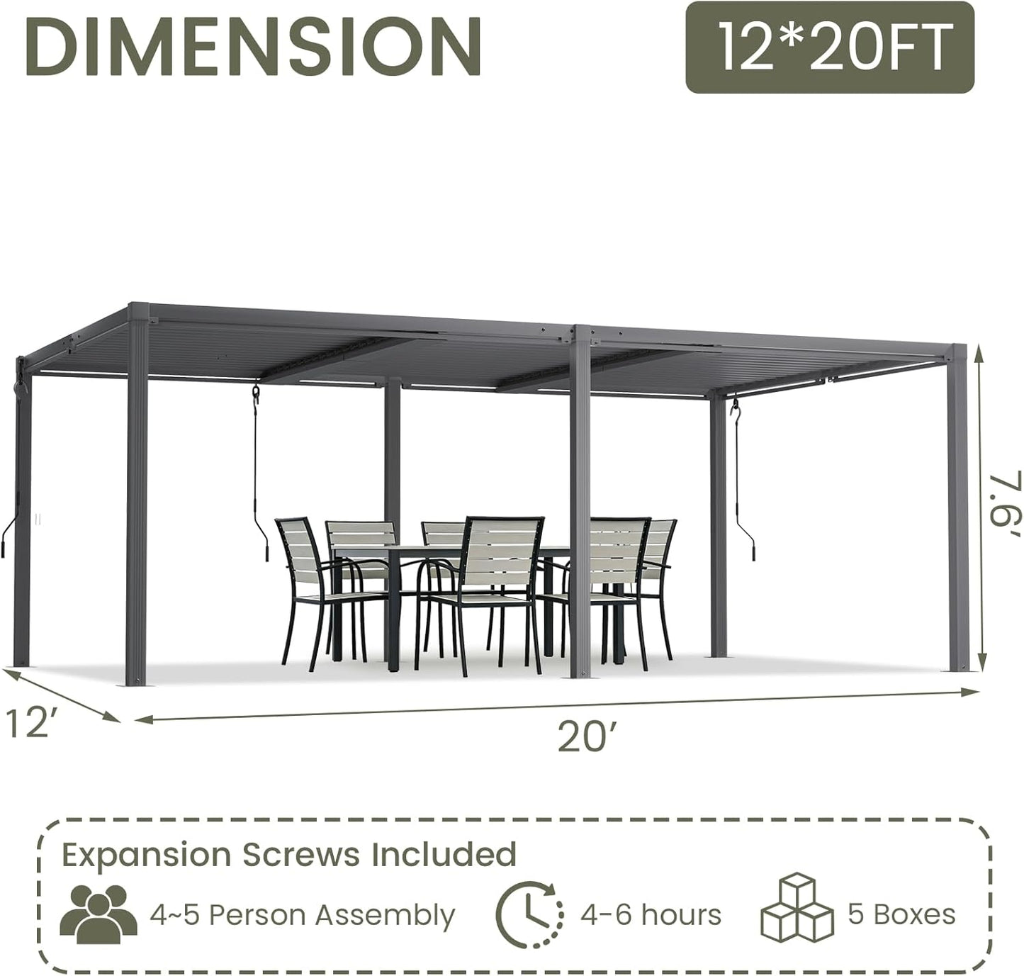 Louvered Pergola 12' X 20', Large Outdoor Aluminum Pergola with Reinforced Steel Roof, Heavy-Duty Hardtop Gazebo for Patio Garden, Weatherproof Sun Shade Shelter, Gray