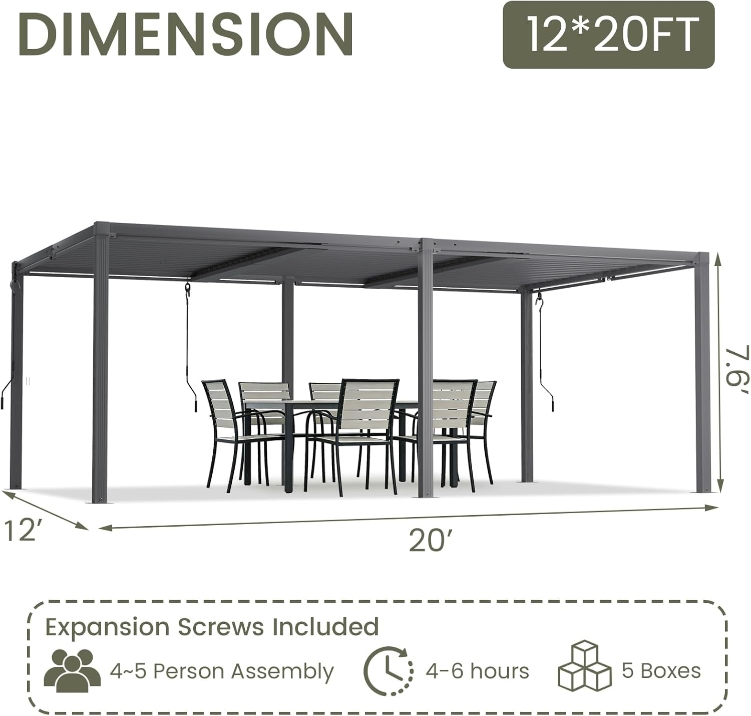 Louvered Pergola 12' X 20', Large Outdoor Aluminum Pergola with Reinforced Steel Roof, Heavy-Duty Hardtop Gazebo for Patio Garden, Weatherproof Sun Shade Shelter, Gray