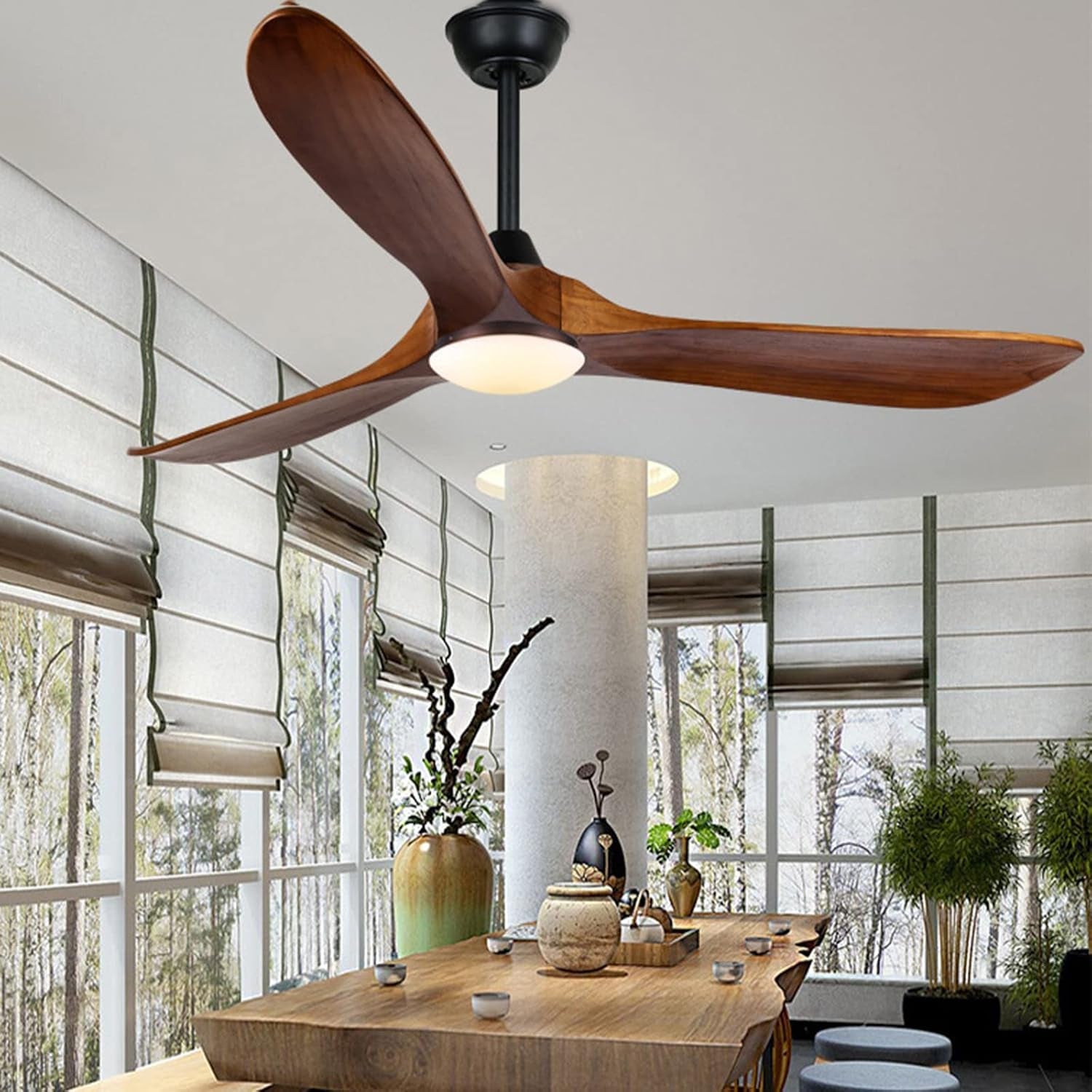 60 Inch Outdoor Ceiling Fan for Patios with Light, Farmhouse Style | 3 Blades Wood Ceiling Fan, Damp Rated Large Airflow Commercial Ceiling Fans for Exterior House Porch Gazebo