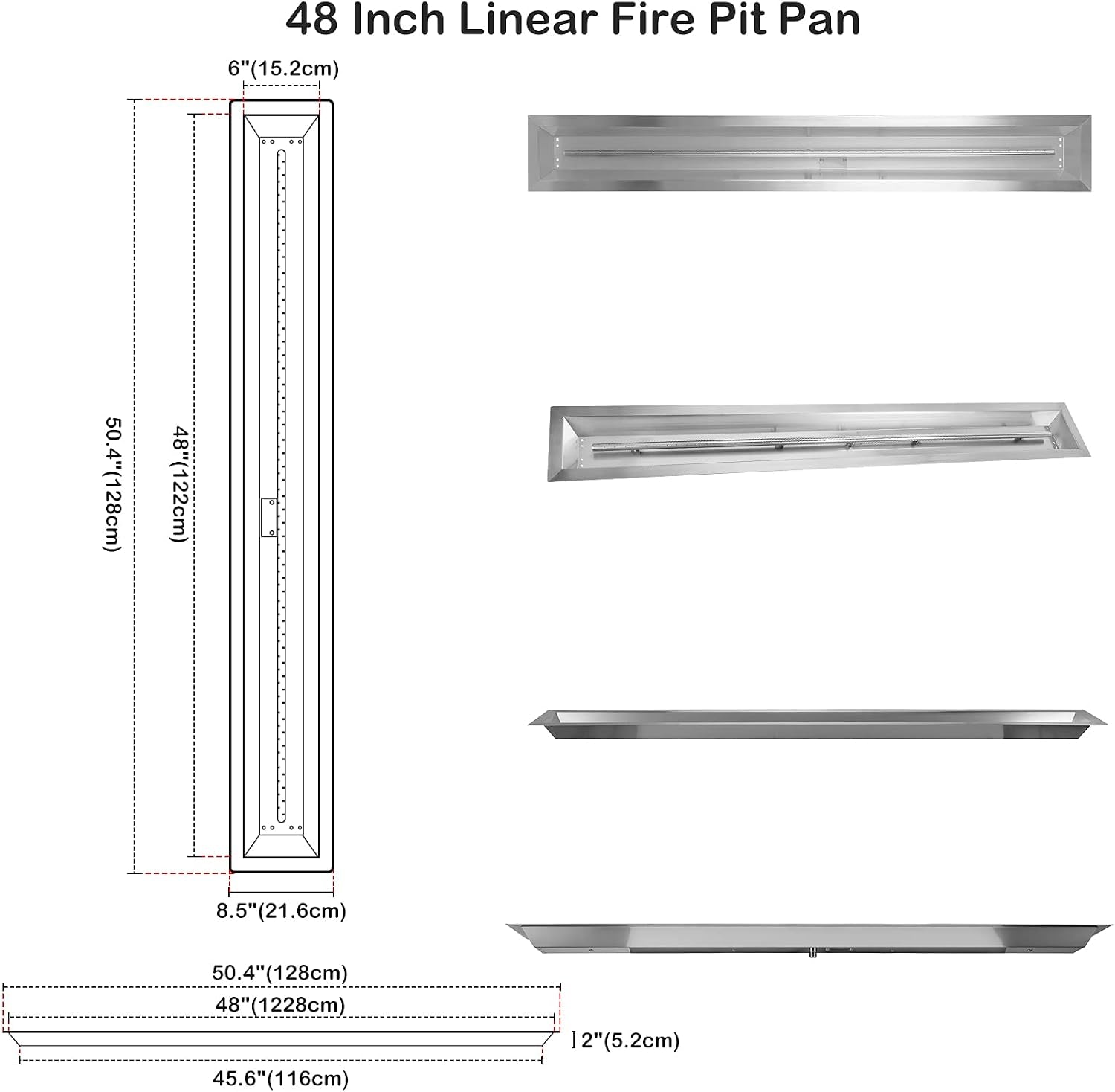 48 X 6 Inch Linear Fire Pit Burner with Spark Ignition Kit | Natural Gas Stainless Steel Gas Fire Pit Kit Insert for DIY Fireplace, 91,000 BTU'S Max