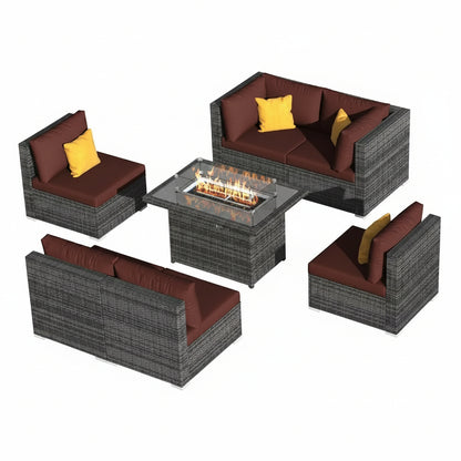 Large 7 Piece Charcoal Wicker Patio Fire Pit Conversation Sectional Deep Seating Sofa Set with Dark Red Cushions