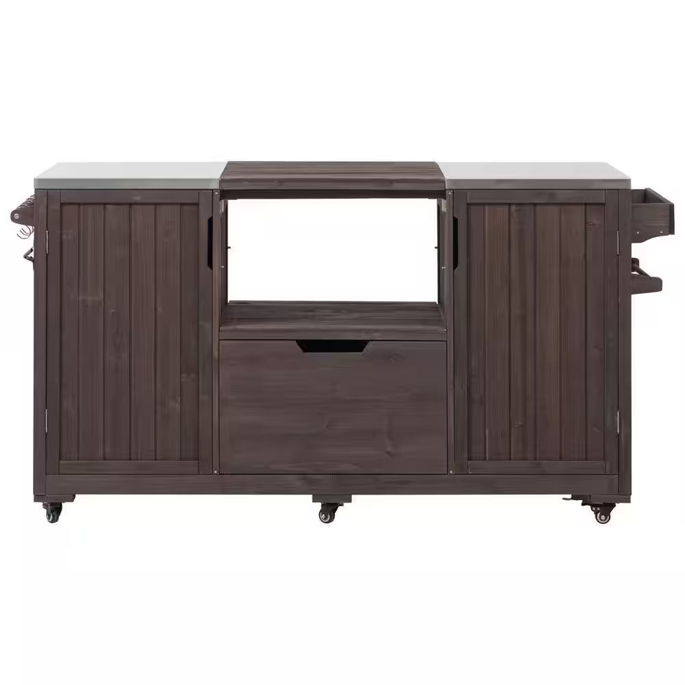 66.5 In. Dark Brown Wood Outdoor Grill Cart with Stainless Steel Top and Drawer