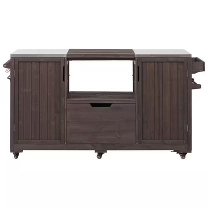 66.5 In. Dark Brown Wood Outdoor Grill Cart with Stainless Steel Top and Drawer