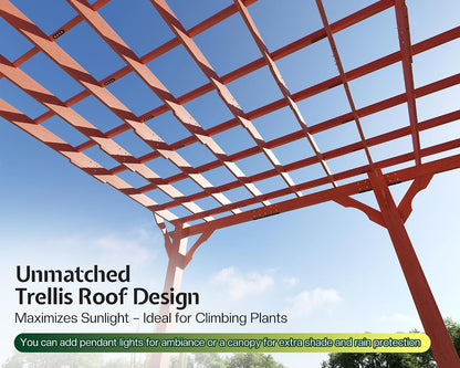 12X24 FT Premium Cedar Wood Pergola with Trellis Roof & Weather-Resistant Support, Outdoor Pergola Kit with Stakes, Garden Gazebo for Patio, Backyard & Events, Reddish-Brown