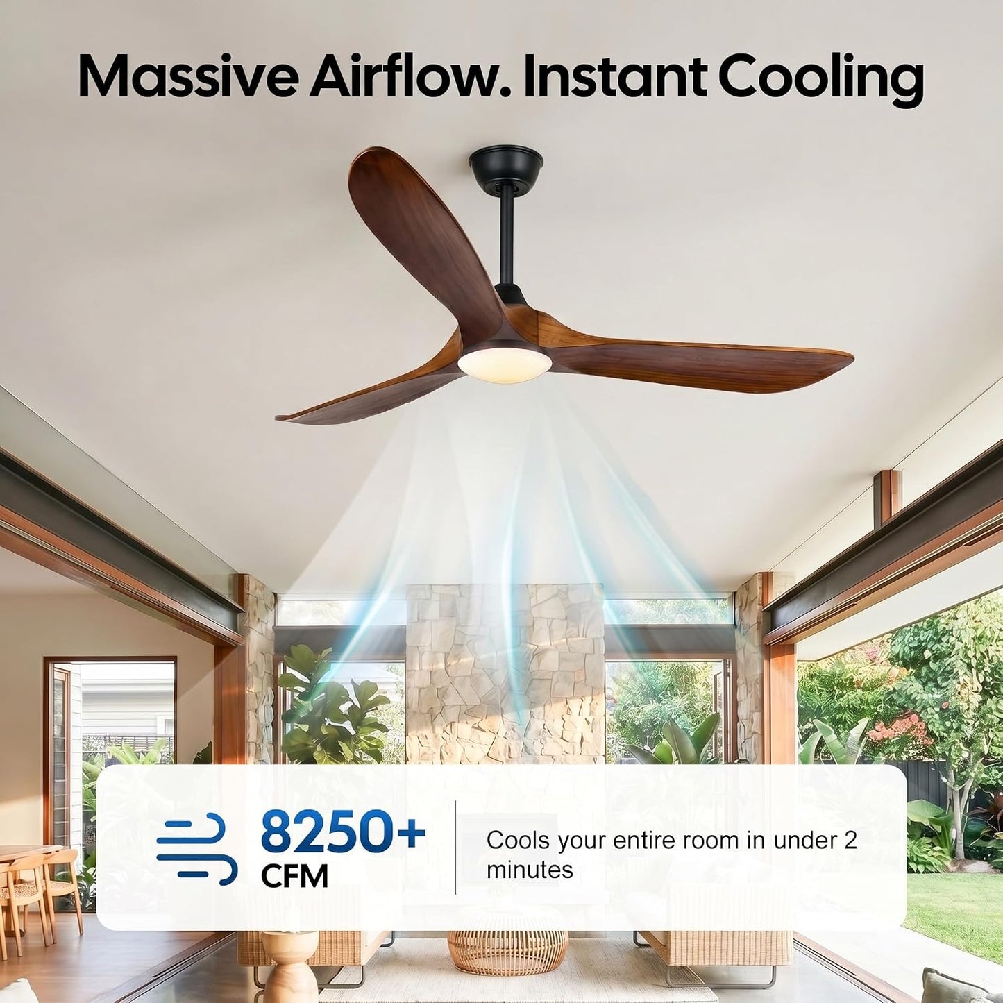 60 Inch Outdoor Ceiling Fan for Patios with Light, Farmhouse Style | 3 Blades Wood Ceiling Fan, Damp Rated Large Airflow Commercial Ceiling Fans for Exterior House Porch Gazebo