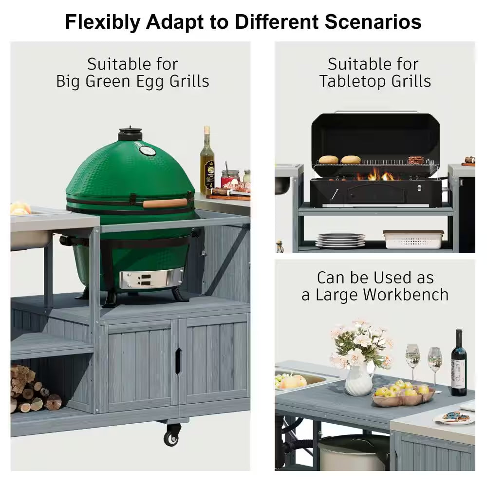 75.4" Outdoor Wood Grey Blue Kitchen Island Rolling Outdoor Bar Cart with Sink