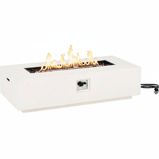 Aidan Lightweight Concrete Outdoor Propane Fire Pit Table, 50,000 BTU Rectangular Fire Table for Patio Furniture Set (No Tank Holder), Fully Assembled Patio Fire Pit, White