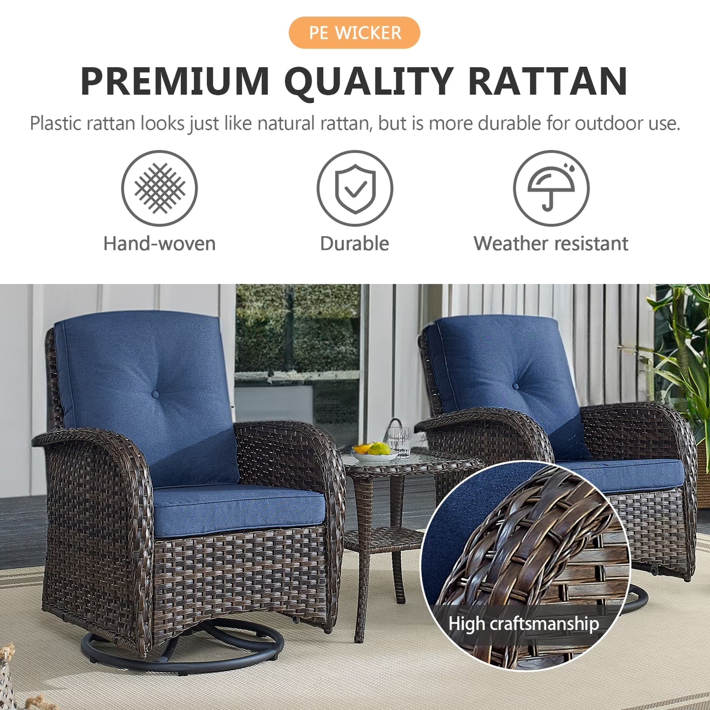 5PCS Outdoor Patio Furniture Set with Fire Pit Table, Brown Wicker Patio Furniture Couch Outdoor Swivel Chair and 43" Propane Firepit Table