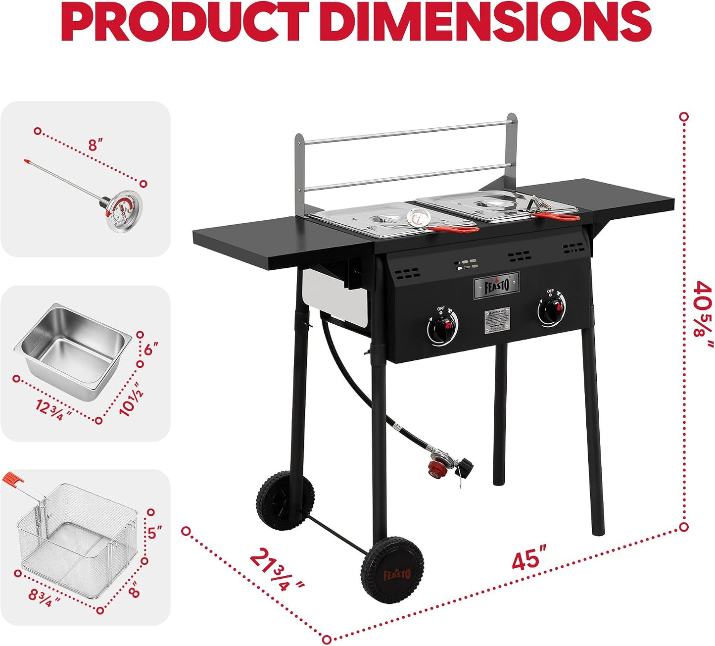 Outdoor Propane Deep Fryer with Rolling Cart, Dual Tank Fish Fryer | 2 Independent Burners, 100,000 BTU, 4-Gal Oil Capacity, Frying Station with Baskets for Fish, Fries & Chicken