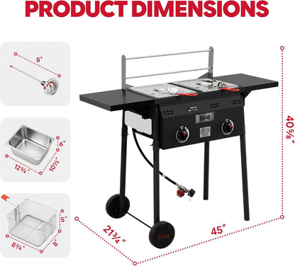 Outdoor Propane Deep Fryer with Rolling Cart, Dual Tank Fish Fryer | 2 Independent Burners, 100,000 BTU, 4-Gal Oil Capacity, Frying Station with Baskets for Fish, Fries & Chicken