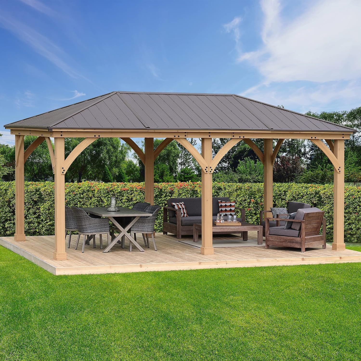 Yardistry 10 X 12 Meridian Cedar Wood Gazebo Pavilion for Patios, Decks, Garden, Backyard, Durable, Aluminum Roof