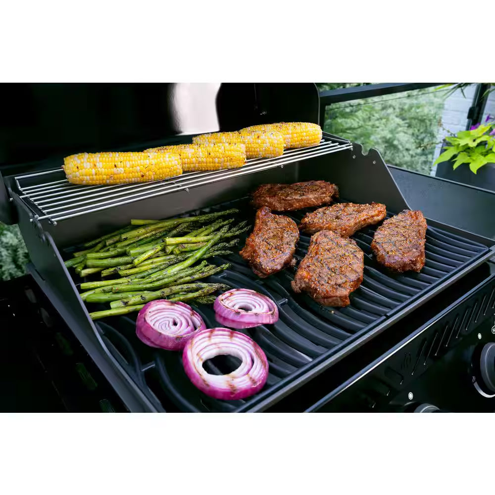 Rogue 425 3-Burner Propane Gas Grill in Black with Cast Iron Cooking Grids and Range Side Burner