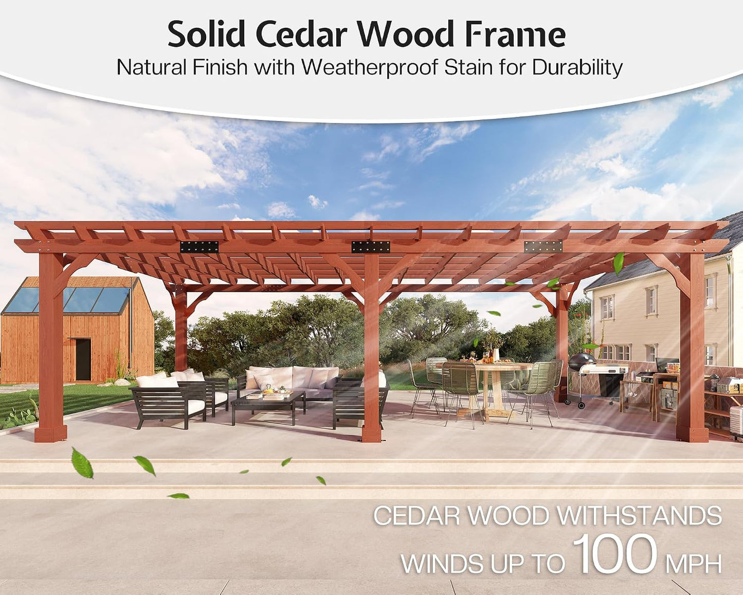 12X24 FT Premium Cedar Wood Pergola with Trellis Roof & Weather-Resistant Support, Outdoor Pergola Kit with Stakes, Garden Gazebo for Patio, Backyard & Events, Reddish-Brown