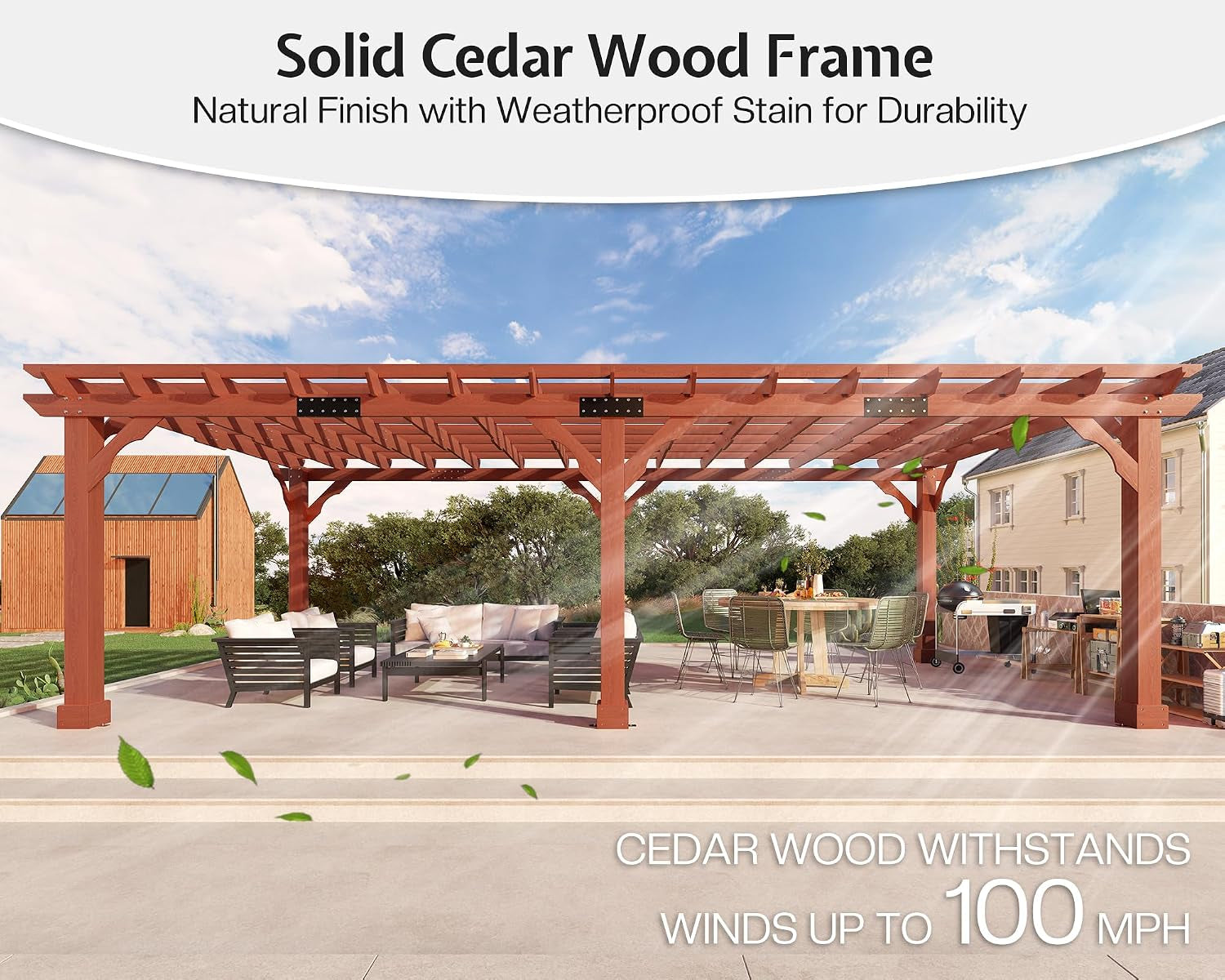 12X24 FT Premium Cedar Wood Pergola with Trellis Roof & Weather-Resistant Support, Outdoor Pergola Kit with Stakes, Garden Gazebo for Patio, Backyard & Events, Reddish-Brown