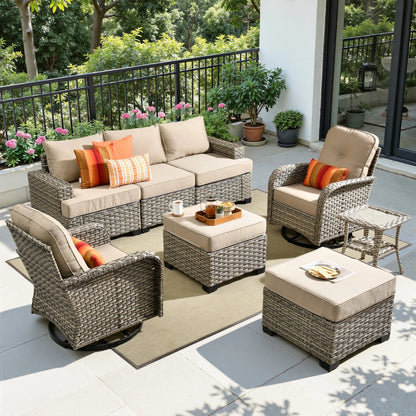 8 Pieces Patio Furniture Set, All Weather Wicker Patio Conversation Set with Swivel Chairs, Outdoor Furniture with Ottoman for Garden, Beige