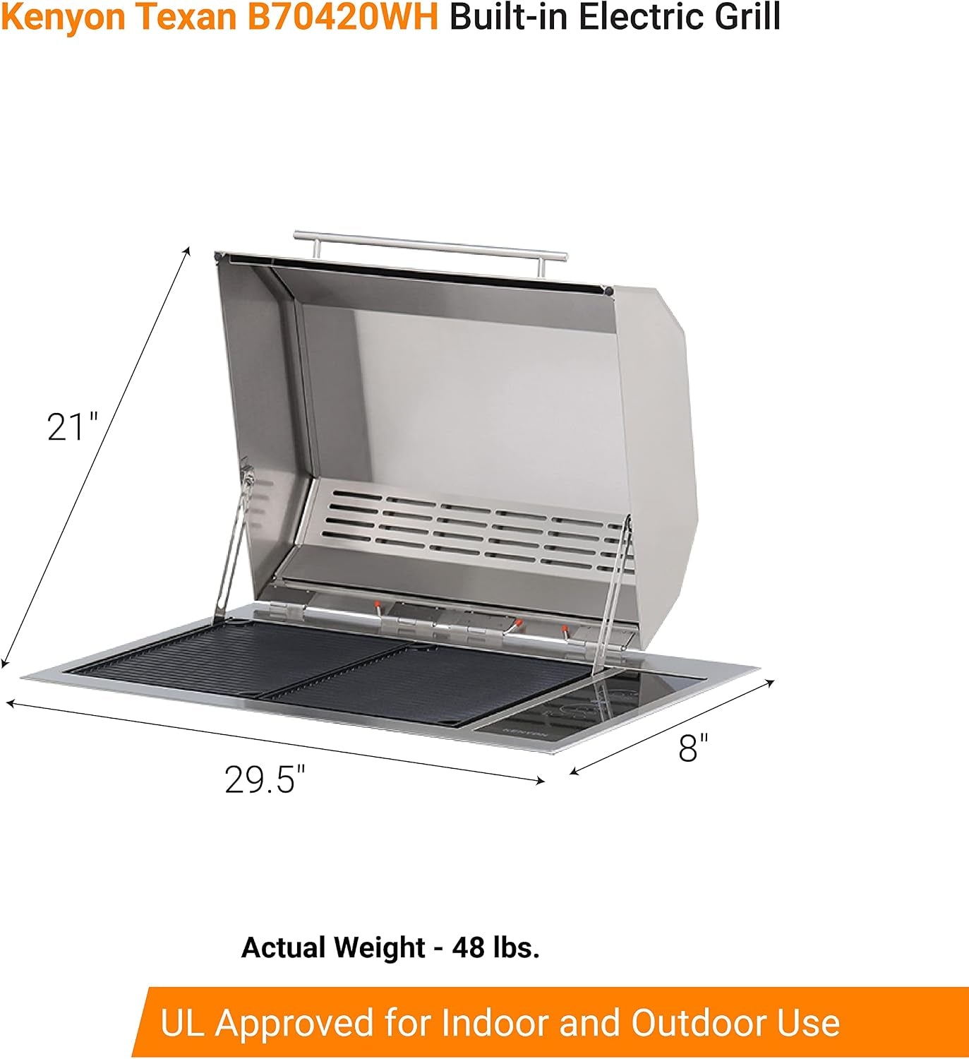 Texan Built-In Electric Grill with Faceted Single Piece Lid and Standard Lite Touch Control, Stainless Steel Body, Ul-Approved for Use Indoors and Outdoors, No-Flame Grill, 240 Volts