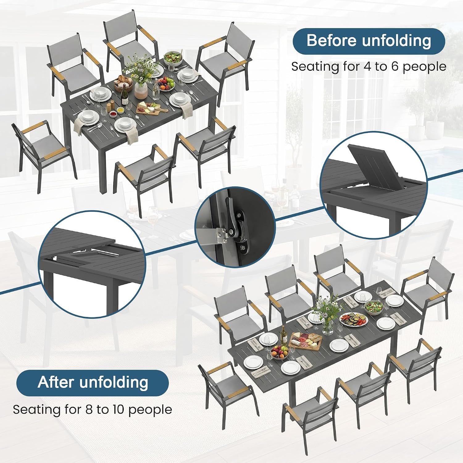 Aluminum Outdoor Patio Table and Chairs Set with 91.7" L-62 L Expandable Dining Table, 9-Pieces Outdoor Dining Set for 8, Patio Furniture Set with Stackable Quick Drying Chairs, Grey