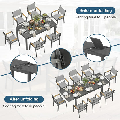 Aluminum Outdoor Patio Table and Chairs Set with 91.7" L-62 L Expandable Dining Table, 9-Pieces Outdoor Dining Set for 8, Patio Furniture Set with Stackable Quick Drying Chairs, Grey