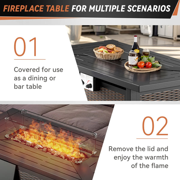 7-Piece Wicker Patio Furniture Set with 50,000 BTU Fire Pit Table