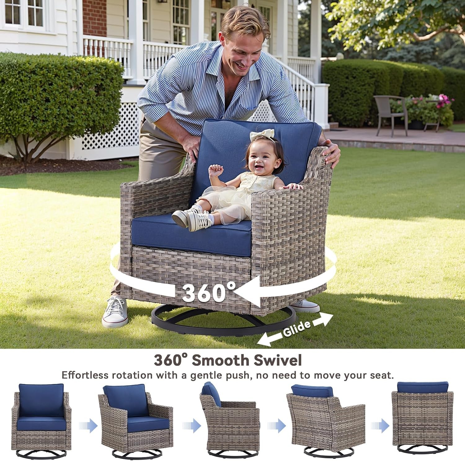 Outdoor Patio Furniture Set-5 Pieces All-Weather Wicker Outdoor Furniture with Swivel Patio Chairs Outdoor Patio Conversation Sets for Garden Porch Deck Grey/Blue