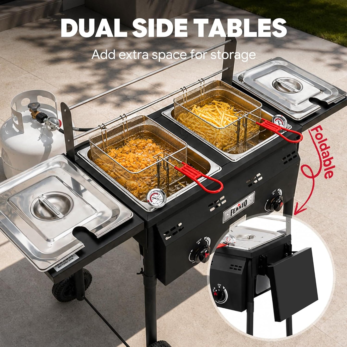 Outdoor Propane Deep Fryer with Rolling Cart, Dual Tank Fish Fryer | 2 Independent Burners, 100,000 BTU, 4-Gal Oil Capacity, Frying Station with Baskets for Fish, Fries & Chicken