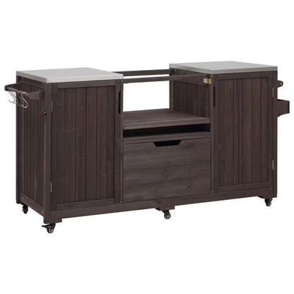 66.5 In. Dark Brown Wood Outdoor Grill Cart with Stainless Steel Top and Drawer