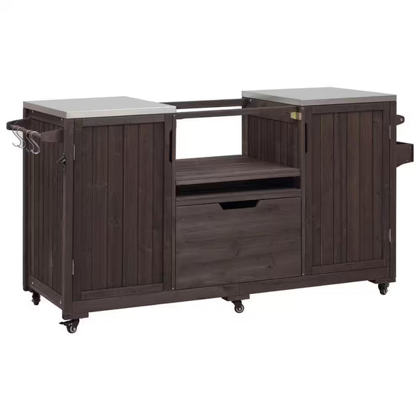 66.5 In. Dark Brown Wood Outdoor Grill Cart with Stainless Steel Top and Drawer