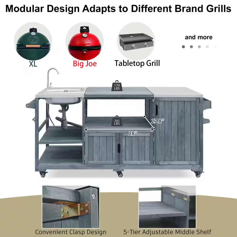 75.4" Outdoor Wood Grey Blue Kitchen Island Rolling Outdoor Bar Cart with Sink