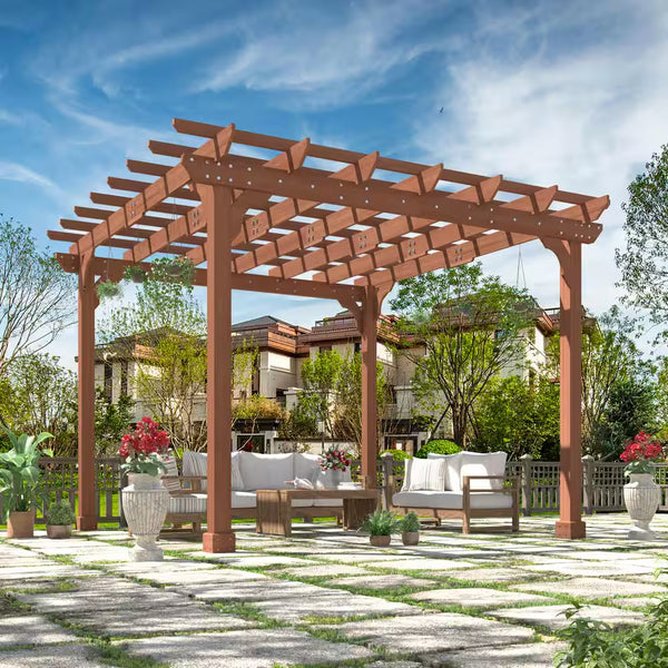 12 Ft. W X 12 Ft. D Cedar Wood Patio Pergola Shade Structure for Outdoor, Brown