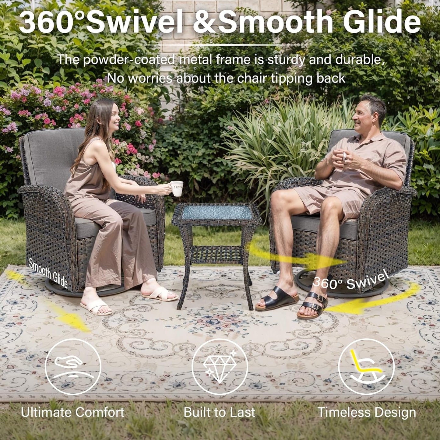 6 Piece Patio Conversation Sets - Wicker Patio Furniture Sets with Outdoor Swivel Rocker Chairs Outdoor Couch Perfect for Deck Patio Backyard, Brown Wicker Grey Cushion