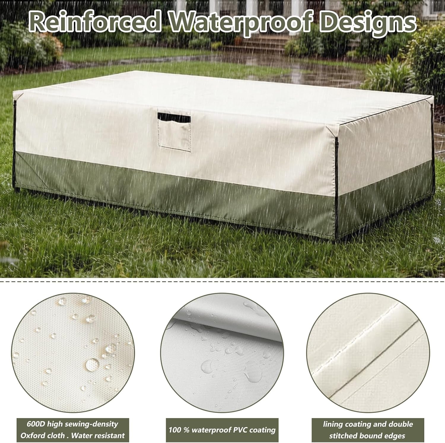 Bitubi Rectangular Patio Table Cover - Heavy Duty 600D Tough Canvas Waterproof Outdoor Dining Table and Chairs Universal Furniture Cover Size 111L X 74W X 28H Inch, Beige
