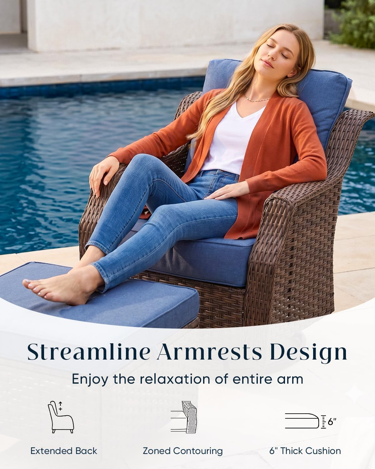 Luxurious 7 Piece Patio Furniture Set with Fire Pit Table, High Back Swivel Rocker Glider Outdoor Chairs with 6" Blue Cushion, All-Weather Patio Conversation Set for Yard Garden Brown Wicker