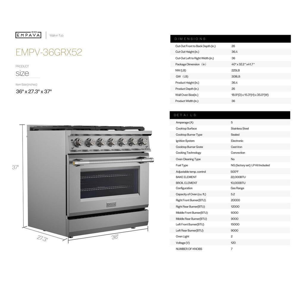 36 In. Slide-In Gas Range, 5.2 Cu. Ft. Convection Oven, 6 Sealed Burners, Convertible to Propane in Stainless Steel