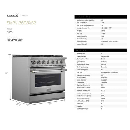 36 In. Slide-In Gas Range, 5.2 Cu. Ft. Convection Oven, 6 Sealed Burners, Convertible to Propane in Stainless Steel