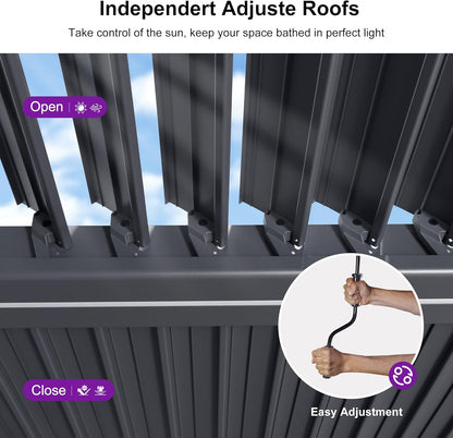 Louvered Pergola 92KS 11.5' X 27.5' with LED Strip Lights Huge Aluminum plus Outdoor Pergola with Adjustable Louvered Roof for Patio Deck Garden Yard Gray