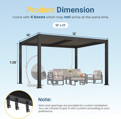 10' X 12' Louvered Pergola, Aluminum Frame Outdoor Pergola with Adjustable Louvered Roof & Integrated Gutter System, Hardtop Patio Gazebo for Backyard, Deck, Garden, Dark Gray