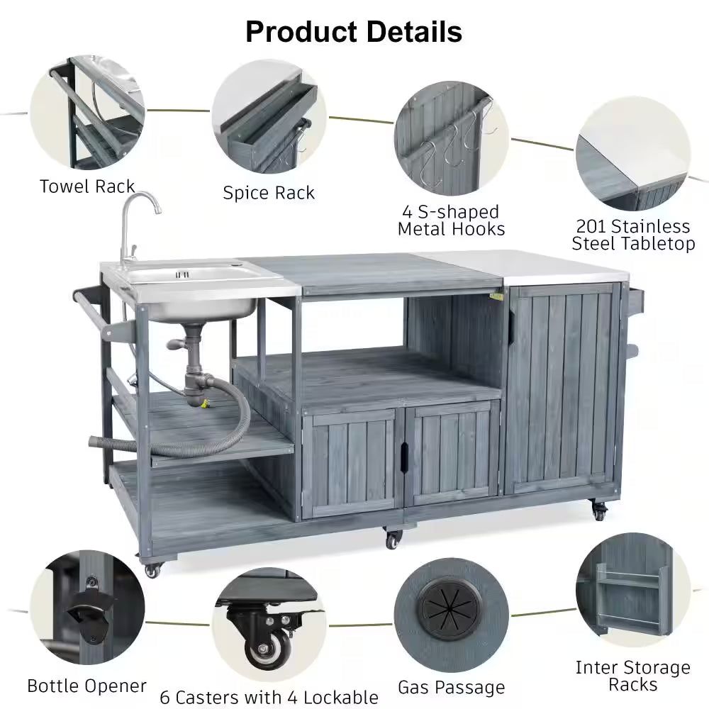 75.4" Outdoor Wood Grey Blue Kitchen Island Rolling Outdoor Bar Cart with Sink