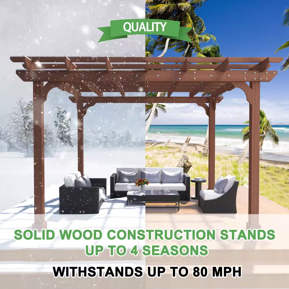 12 Ft. W X 12 Ft. D Cedar Wood Patio Pergola Shade Structure for Outdoor, Brown